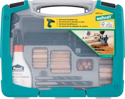 Obrázok produktu pre wolfcraft GmbH 4645000, Kolo, Drevo, Ø 6 mm x 30 mm Ø 8 mm x 40 mm Ø 10 mm x 40 mm, 3 kusov, Šesťhranný kľúč