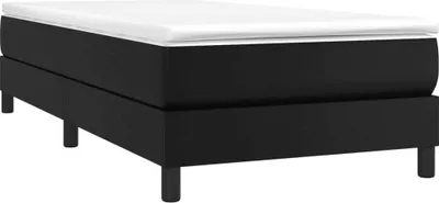 A black bed frame with a white mattress on a white background.