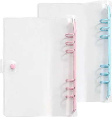 Image de 2 chemises transparentes A5 en PVC imperméables, à 6 anneaux, rose et bleu
