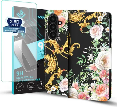 Produktbild von Handy Hülle für Samsung Galaxy A17 / A17 5G mit 9H Displayglas Klapphülle Bookcase Flip Cover Handy Tasche Etui Motiv: Rosen Ornamente Blumen