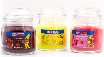 Image de Haribo Bougies parfumées, set de 3 pièces, Cherry Cola + Strawberry Happiness + Lemon Fruits, en pot, 3 x 85 g