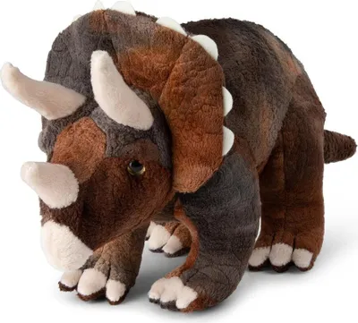 A plush toy Triceratops dinosaur is shown from the front on a white background.