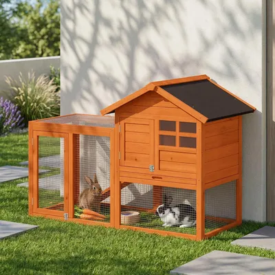 Produktbild von Kaninchenstall 2 Etagen mit Freilaufgehege, Hasenstall Bitumendach Tannenholz, Kaninchenkäfig mit Rampe, Orange | 123,5x62,6x92,5 cm | 14 kg
