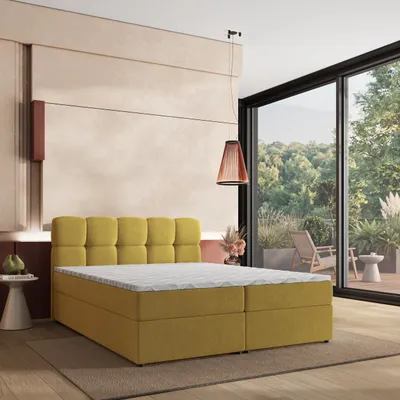 Produktbild von Masseno Boxspringbett MERU 180x200 cm Komplett-Set mit Bonell Matratze und Topper, Polsterbett mit Bettkästen -Gelb, SORO 40