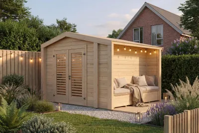Produktbild von Gartenhaus Killarney, 300x250cm, Naturbelassen, 28mm, seitlicher Anbau