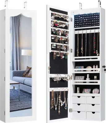 Produktbild von Schmuckschrank mit 5 LED, Schmuckregal Schmuckkommode mit Ganzkoerperspiegel, abschliessbarer Spiegelschrank Wandschrank für Ketten, Ohrringe, an der Tür haengend, weiss