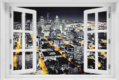 Produktbild von Wallario Wandbild mit Fenster-Illusion: Großstadt bei Nacht - Seattle in schwarz weiß gelb, Größe: 61 x 91,5 cm, Poster mit rahmenlosen Bildhalter