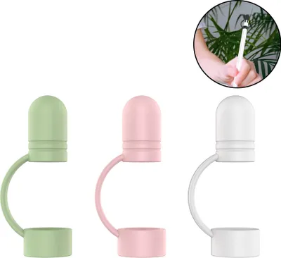Three silicone caps for Apple Pencil in different colors (green, pink, white) are displayed against a white background.
