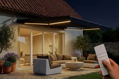 Produktbild von FAZZIO 4x3m Halbkassetten-Markise mit motorisierter LED-Beleuchtung, grau, grauer Stoff
