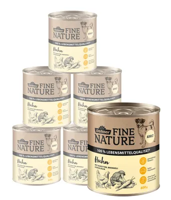 Produktbild von Dehner Fine Nature Hundefutter, Nassfutter in Lebensmittelqualität, für ausgewachsene Hunde, Huhn, 6 x 800 g Dose (4.8 kg)