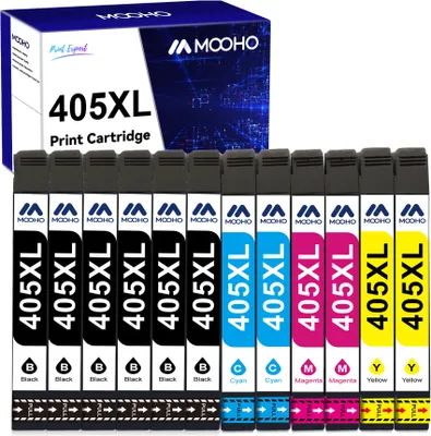 A set of 12 ink cartridges for a printer, with the packaging box in the background.