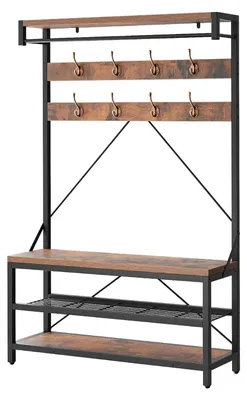 Produktbild von Flurmöbel - Garderobe mit Schuhbank - 3 Ebenen - Schuhregal und Ablage - Freistehend - Metallrahmen - Rustikal Braun