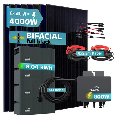 Produktbild von SUNNIVA® 4000W Balkonkraftwerk mit 8,04 kWh Speicher TSUN SOLARCAN TSOL-DCU2000Lite, 8x 500W BIFAZIAL FULLBLACK komplett Steckdose, Solarspeicher