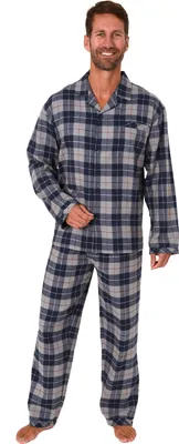 Produktbild von Herren Flanell Pyjama Schlafanzug langarm zum durchknöpfen - 291 101 15 537 ; marine , 50