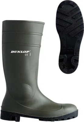 A green Dunlop boot and its sole are shown against a white background.