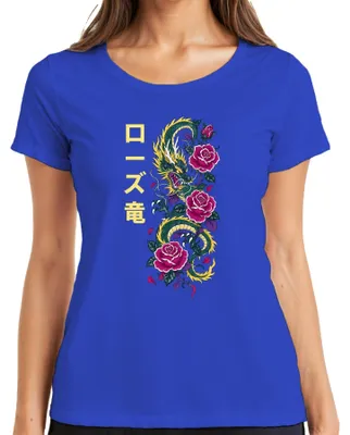Produktbild von ローズ竜 Japanischer Drache Rosen Tattoo Rose Dragon Japan Y2K Irezumi Damen T-Shirt, Blau, L