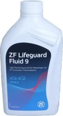 A white plastic bottle of ZF Lifeguard Fluid 9 transmission oil.