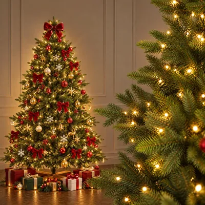 Productafbeelding van LZQ Kunstkerstboom, 225 cm, 100% PE, 1300 takpunten, LED-verlichting, houten voet, groen