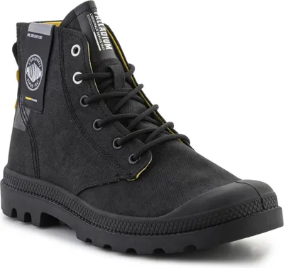 A black Palladium Pampa Hi Surplus boot is shown against a white background.