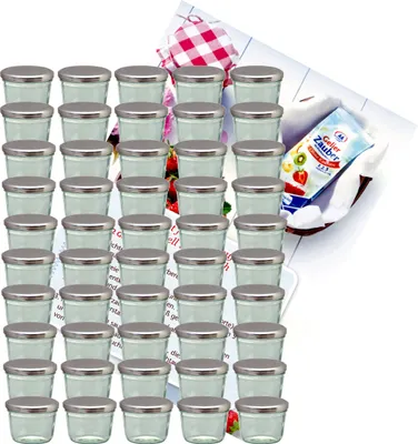 Produktbild von zestaw 50 kubków na dżem 230 ml, słoik na przetwory To 82 ze srebrną pokrywką i książeczką z przepisami