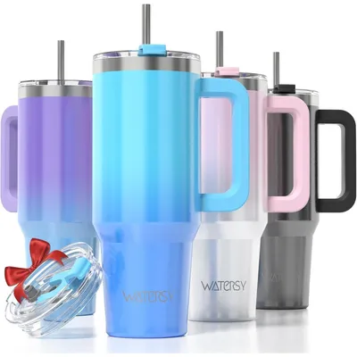 Productafbeelding van Thermobeker voor onderweg, 891 ml, dubbelwandig roestvrij staal, vacuüm geïsoleerd, lekvrij, met handvat en rietje, blauw, glanzend