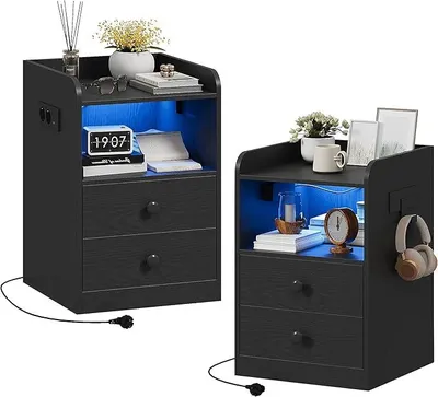 Image de Ensemble de 2 tables de chevet avec prise électrique et éclairage LED, table d'appoint avec 1 port USB et 1 port de type C, table de chevet avec 2 tiroirs et des compartiments ouverts, table basse pour salon, chambre à coucher ou bureau, couleur noire