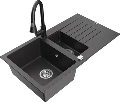 Produktbild von Mexen Matias 1,5-Becken-Granitspüle mit Abtropffläche und Mischbatterie Elia, Schwarz gesprenkelt - 6502-76-670101-70