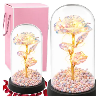 Image de Rose éternelle sous cloche en verre avec LED et cristaux, 21,5 cm, décoration