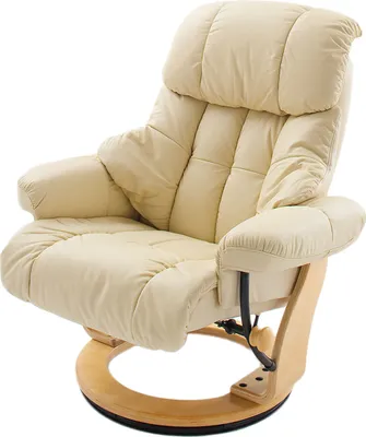 Produktbild von Relaxsessel >Carl I< mit Hocker, bis 130 kg belastbar, drehbarer Fernsehsessel mit Liegefunktion, Echtleder creme, Gestell Holz natur