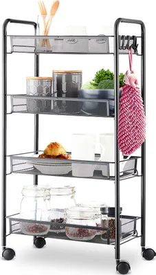 Produktbild von Mulisoft Rollwagen mit 4 Ebenen, Küchenwagen 45 * 23 * 84cm, Lagerregal auf Rollen mit Bremser, Mesh Metallkorbe mit Wand, Schwarz