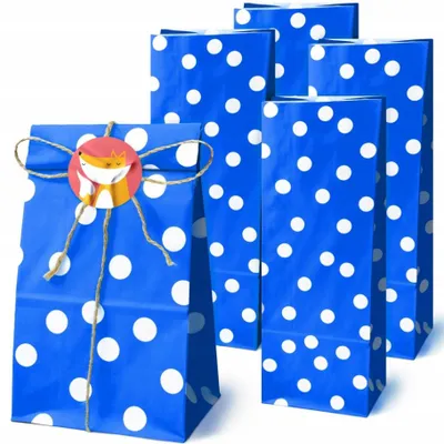 Blaue Papiertüten mit Punkten 10x7x26 cm – Geschenktüten für Süßigkeiten – 5 Stück