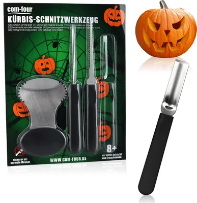 Zdjęcie produktu dla com-four® 4-częściowy zestaw do rzeźbienia w dyni na Halloween - narzędzia tnące do wydrążania dyni - narzędzia do rzeźbienia ze stali nierdzewnej - łyżka, nakłuwacz, piła, skrobak