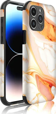 Productafbeelding van Smartphonica telefoonhoesje, geschikt voor iPhone 14 Pro, met beschermende rand en oranje marmerprint - achterkant telefoonhoes
