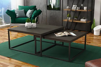 Produktbild von Quadratischer Couchtisch DAKAR 2in1 für Wohnzimmer mit Metallbeinen im Loft-Stil, 76cm / 66cm, Farbe: Dunkel Beton / Schwarz