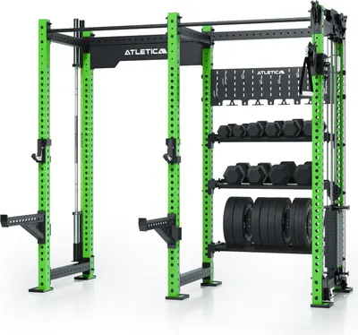 Produktbild von ATLETICA R8 Falcon R | Electric Green | Kompaktes Power Rack mit Kabelzug, 95kg Gewichtsblock & komplettem Storage-System