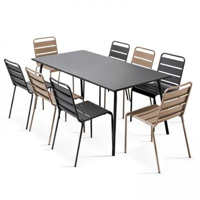 Image de Ensemble table de jardin et 8 chaises en métal gris et taupe - Oviala Palavas