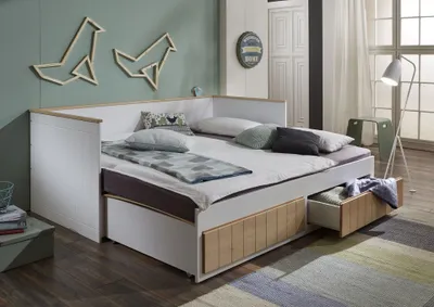 Produktbild von Relita Funktionsbett Timmi 90/180 x 200 cm Liegefläche u. 2 Schubladen, weiß/buche