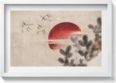 Produktbild von Japanische Sonnenuntergang Kunst– Wandbild mit Rahmen – Gerahmtes Bild  – Wanddekoration – 60x40 cm –  Schwarz Rahmen