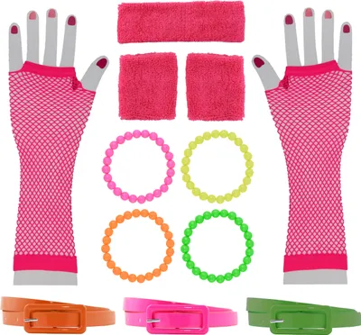 Produktbild von 12 teiliges 80er Jahre Kostüm Set für Damen - Armbänder, Netzhandschuhe, Gürtel, Schweißbänder