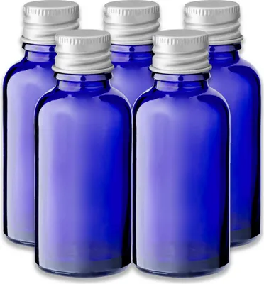 Produktbild von 5x Blaue Glasflasche 30 ml mit silbernem Aluminium Schraubverschluss