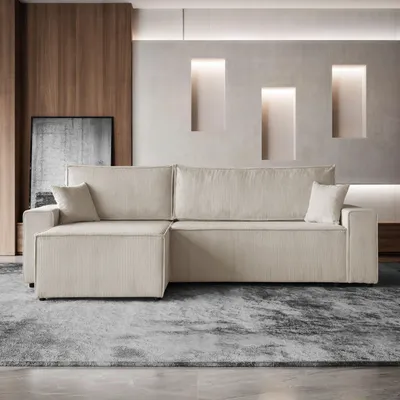 Image de Canapé d'angle HEKTOR en L avec fonction couchage et coffre de rangement, canapé beige clair, pouf 100 cm