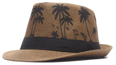 Produktbild von 56-58 cm Hutumfang, Herren- und Damen-Jazzhut mit Kokosnussbaummuster, Strohhut als Sonnenschutz für Sommer, Strand und Sonne