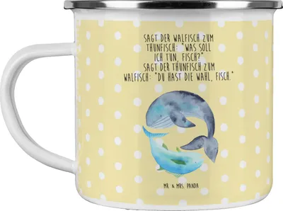 Produktbild von Mr. & Mrs. Panda Emaille Tasse Walfisch Thunfisch - Gelb Pastell - Geschenk, becher, Motivtasse, Spruch Lustig, Lustige Sprüche, Pott, Tunfisch, Witz, Wal, Haferl, Wahl