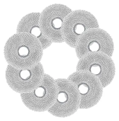 A circular arrangement of ten gray microfiber mop pads, each with a central hole.