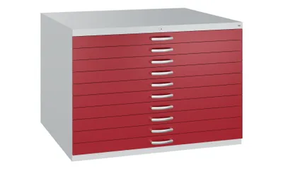 Produktbild von CP 7100 Planschrank lichtgrau, rubinrot 10 Schubladen 110,0 x 76,5 x 76,0 cm