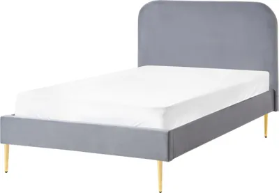 Produktbild von BELIANI Bett Grau Samtstoff mit Lattenrost 120 x 200 cm Metallfüße Gold hohes Kopfteil Retro Glamourös Polsterbett Doppelbett Schlafzimmer
