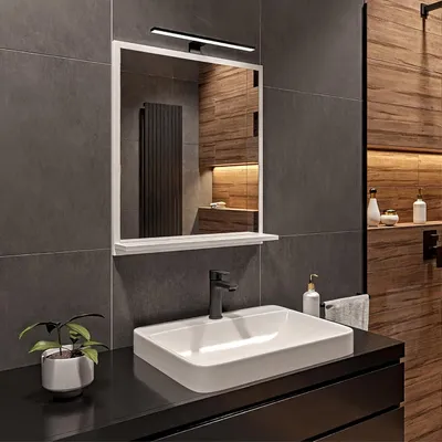 A modern bathroom vanity with a rectangular mirror, sink, and faucet.