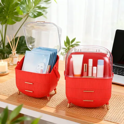 Produktbild von ZMH Make-Up Organizer Kosmetikorganizer mit 2 Schubladen Aufbewahrungsbox(26x16x38 cm)für Kosmetik Lippenstifte Schlafzimmer Kommode Rot