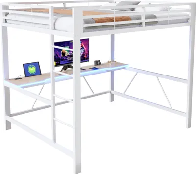 Produktbild von Hochbett mit Schreibtisch, LED-Streifen, Lattenrost, Leiter, Steckdose, USB, Type-C, 160x200cm, Metallbett, Kinderbett, Jugendbett