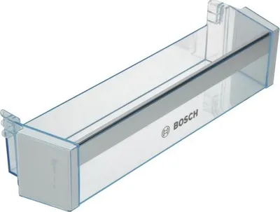 A clear, studio shot of a transparent plastic refrigerator shelf insert with blue trim.